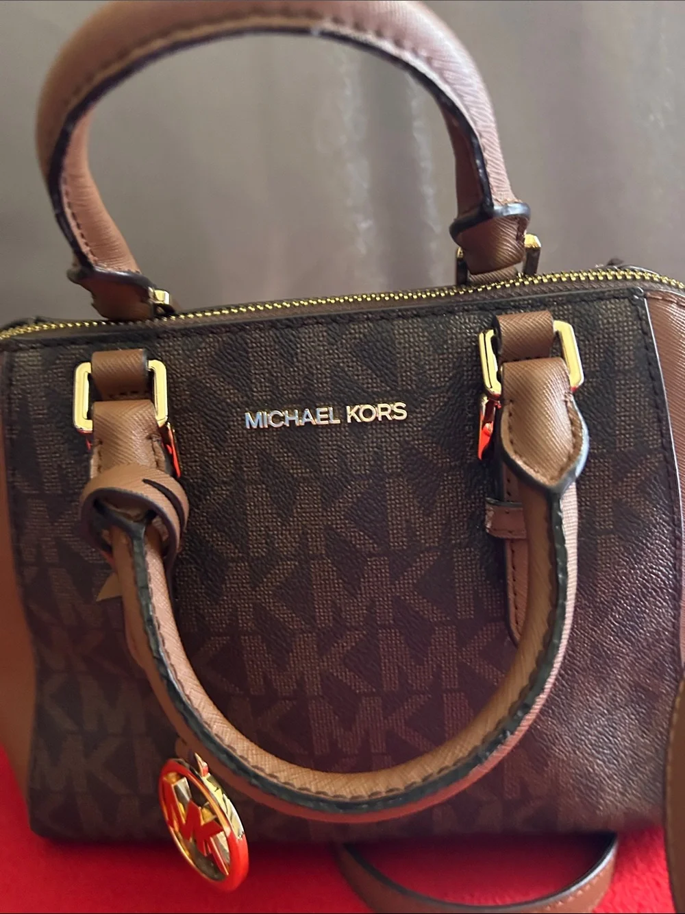 Michael Kors Ciara Brown and black Signature Logo Satchel with Gold Hardware